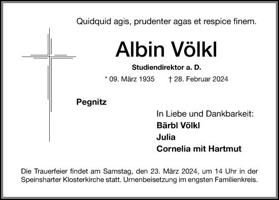 Traueranzeige von Albin Völkl von Nordbayerische Nachrichten Pegnitz Lokal