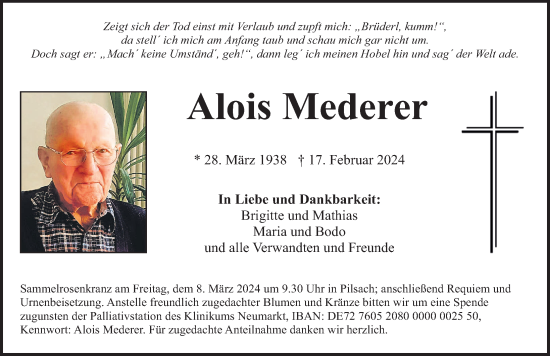Traueranzeige von Alois Mederer von Neumarkter Nachrichten Lokal
