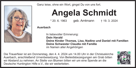 Traueranzeige von Angela Schmidt von Nordbayerische Nachrichten Pegnitz Lokal