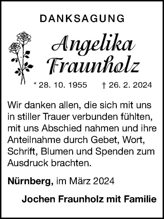 Traueranzeige von Angelika Fraunholz von Gesamtausgabe Nürnberger Nachrichten/ Nürnberger Ztg.