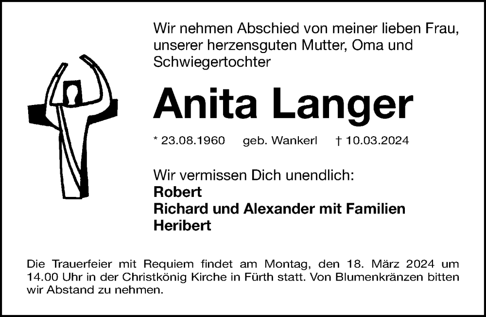  Traueranzeige für Anita Langer vom 14.03.2024 aus Fürther Nachrichten Lokal