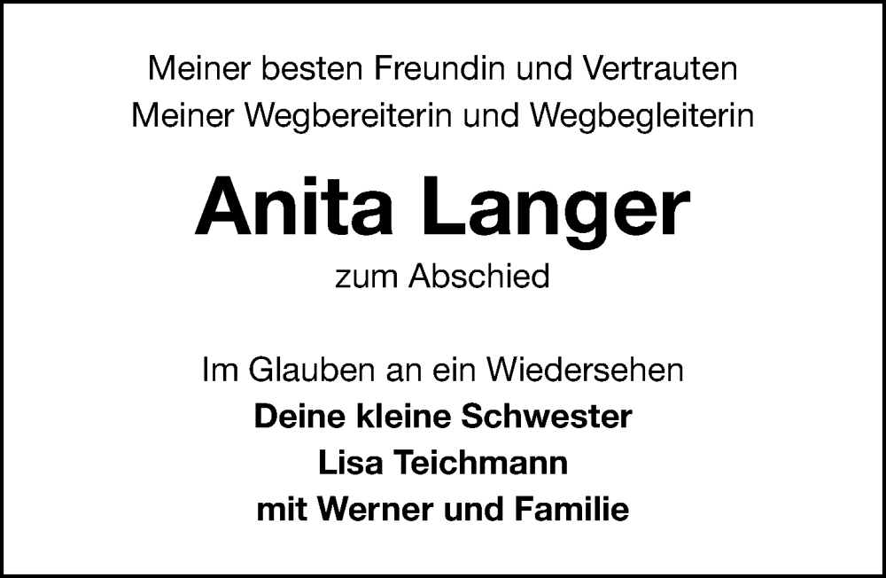  Traueranzeige für Anita Langer vom 14.03.2024 aus Fürther Nachrichten Lokal