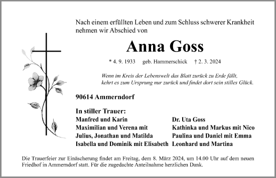 Traueranzeige von Anna Goss von Fürther Nachrichten Lokal