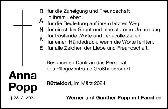 Traueranzeige von Anna Popp von Fürther Nachrichten Lokal