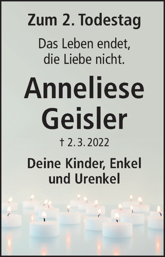 Traueranzeige von Anneliese Geisler von Schwabacher Tagblatt Lokal