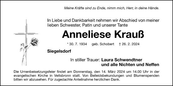 Traueranzeige von Anneliese Krauß von Fürther Nachrichten Lokal