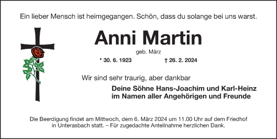 Traueranzeige von Anni Martin von Fürther Nachrichten Lokal