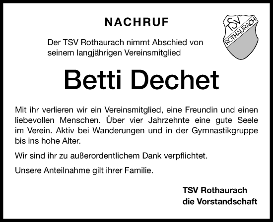 Traueranzeige von Betti Dechet von Roth-Hilpoltsteiner Volkszeitung Lokal
