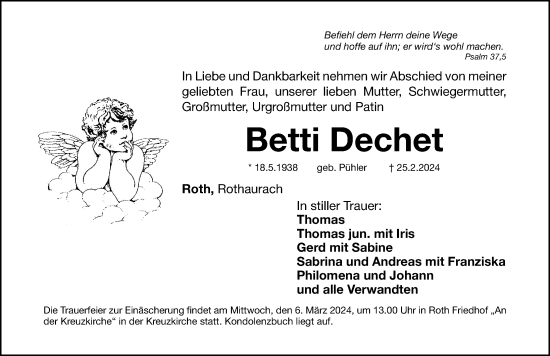 Traueranzeige von Betti Dechet von Roth-Hilpoltsteiner Volkszeitung Lokal