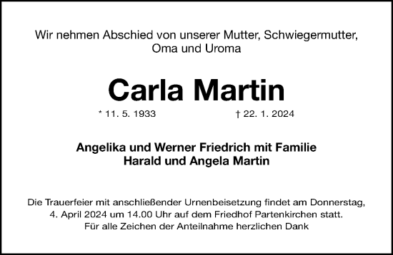 Traueranzeige von Carla Martin von Erlanger Nachrichten Lokal