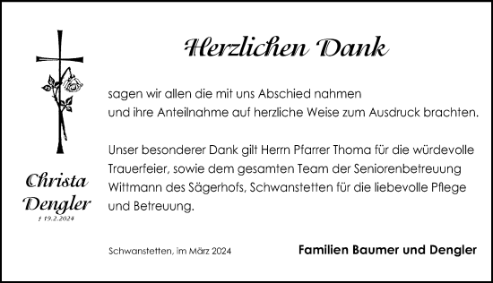 Traueranzeige von Christa Dengler von Schwabacher Tagblatt Lokal