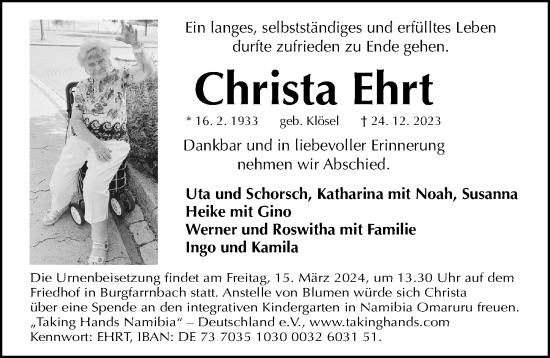 Traueranzeige von Christa Ehrt von Gesamtausgabe Nürnberger Nachrichten/ Nürnberger Ztg.