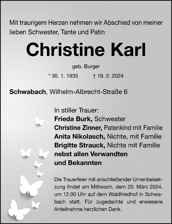 Traueranzeige von Christine Karl von Schwabacher Tagblatt Lokal