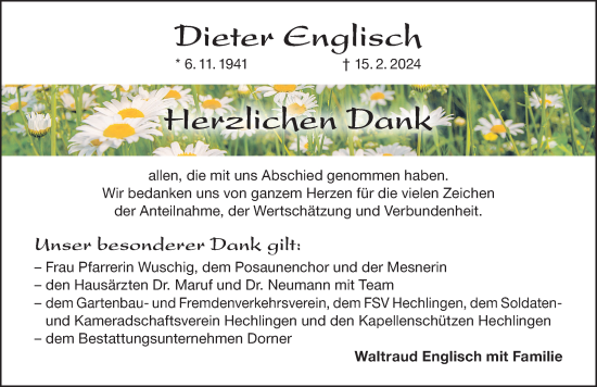 Traueranzeige von Dieter Englisch von Altmühl-Bote Lokal