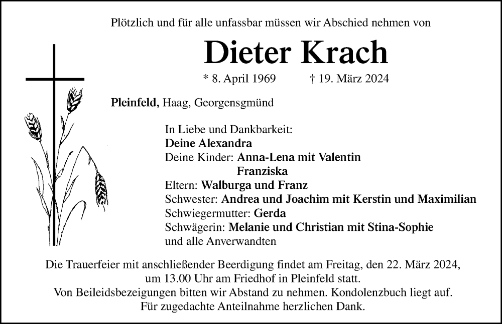  Traueranzeige für Dieter Krach vom 21.03.2024 aus Roth-Hilpoltsteiner Volkszeitung Lokal