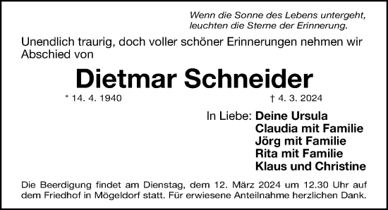 Traueranzeige von Dietmar Schneider von Gesamtausgabe Nürnberger Nachrichten/ Nürnberger Ztg.