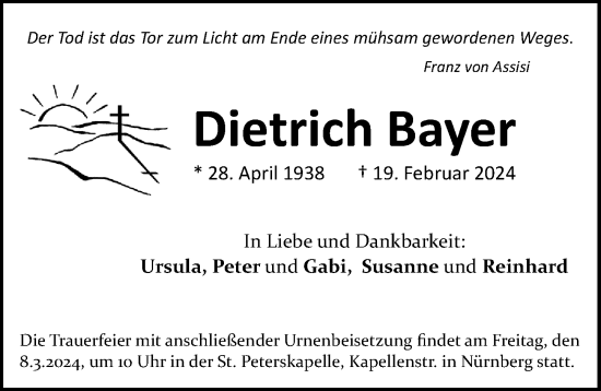 Traueranzeige von Dietrich Bayer von Gesamtausgabe Nürnberger Nachrichten/ Nürnberger Ztg.