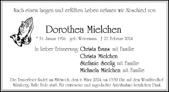 Traueranzeige von Dorothea Mielchen von Gesamtausgabe Nürnberger Nachrichten/ Nürnberger Ztg.