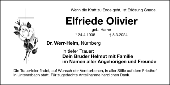 Traueranzeige von Elfriede Olivier von Gesamtausgabe Nürnberger Nachrichten/ Nürnberger Ztg.