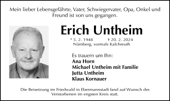 Traueranzeige von Erich Untheim von Gesamtausgabe Nürnberger Nachrichten/ Nürnberger Ztg.