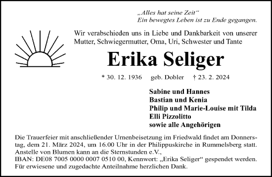 Traueranzeige von Erika Seliger von Gesamtausgabe Nürnberger Nachrichten/ Nürnberger Ztg.