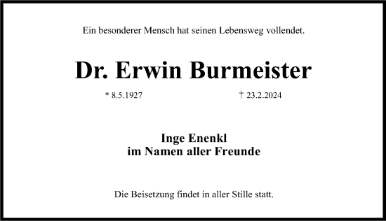 Traueranzeige von Erwin Burmeister von Erlanger Nachrichten Lokal