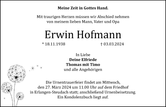 Traueranzeige von Erwin Hofmann von Erlanger Nachrichten Lokal