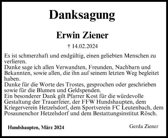 Traueranzeige von Erwin Ziener von Nordbayerische Nachrichten Forchheim Lokal