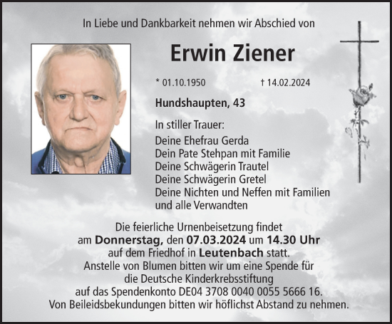 Traueranzeige von Erwin Ziener von Nordbayerische Nachrichten Forchheim Lokal