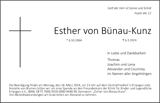 Traueranzeigen von Esther von Bünau-Kunz | trauer.nn.de