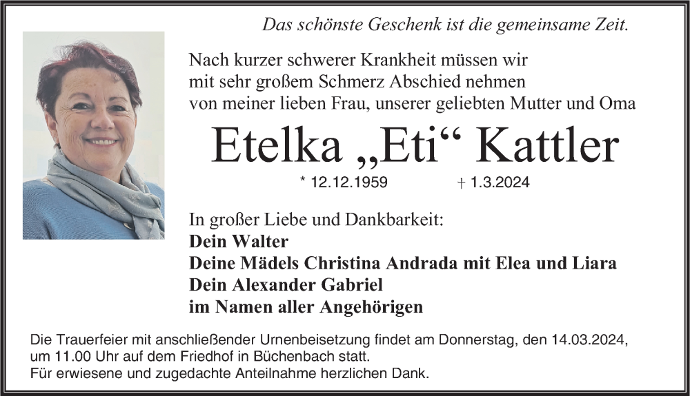  Traueranzeige für Etelka Kattler vom 09.03.2024 aus Erlanger Nachrichten Lokal
