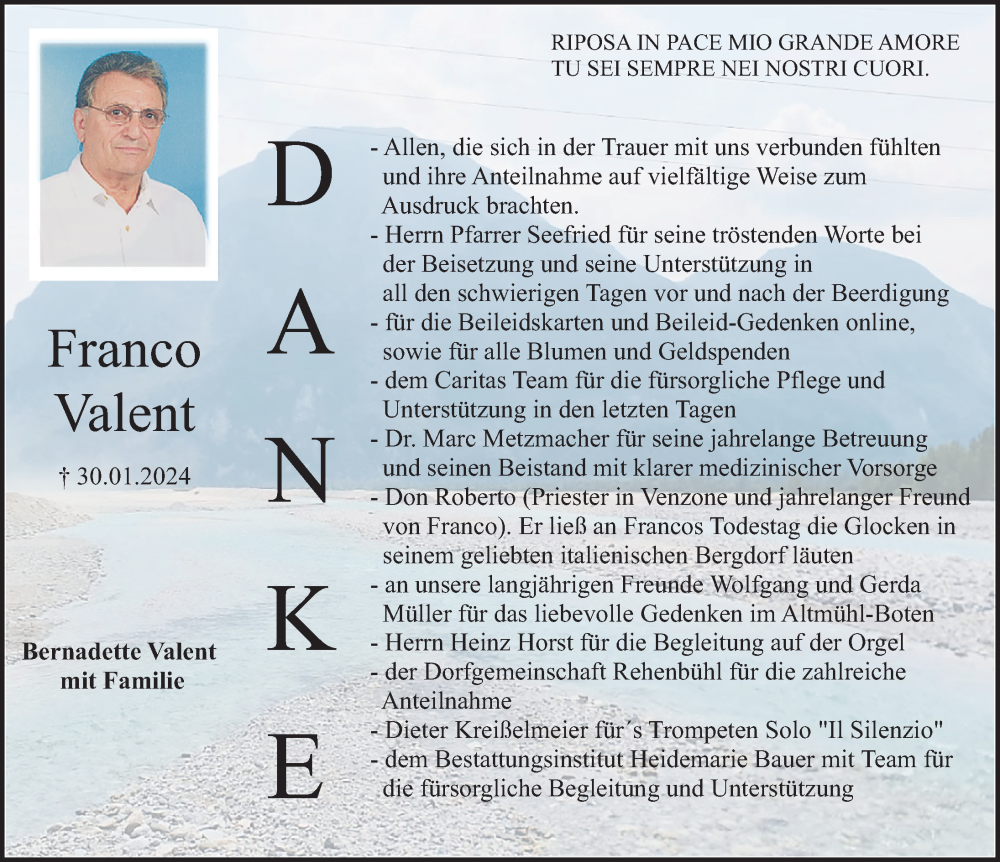  Traueranzeige für Franco Valent vom 23.03.2024 aus Altmühl-Bote Lokal