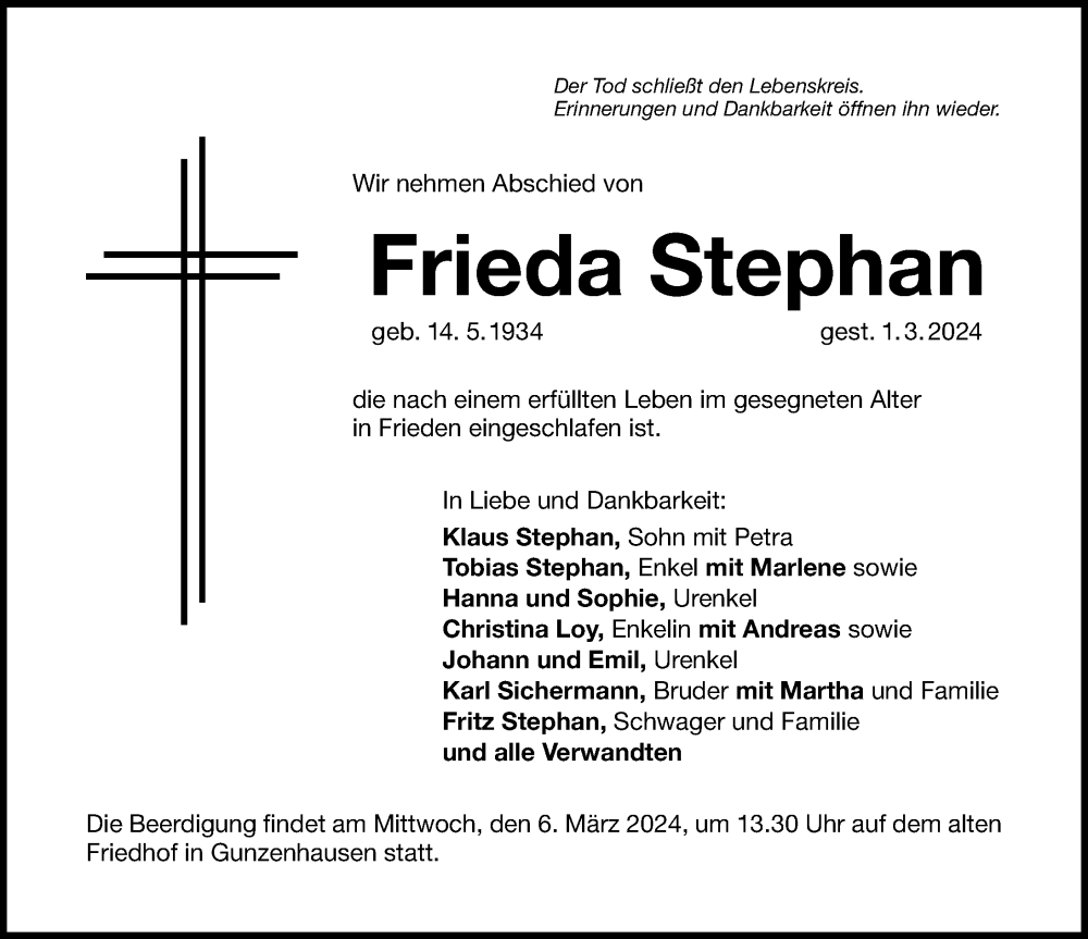  Traueranzeige für Frieda Stephan vom 05.03.2024 aus Altmühl-Bote Lokal