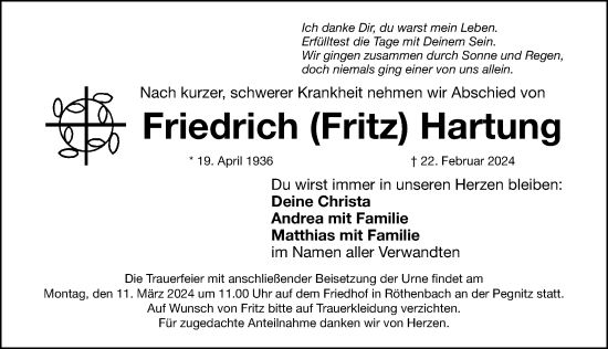 Traueranzeige von Friedrich Hartung von Gesamtausgabe Nürnberger Nachrichten/ Nürnberger Ztg.