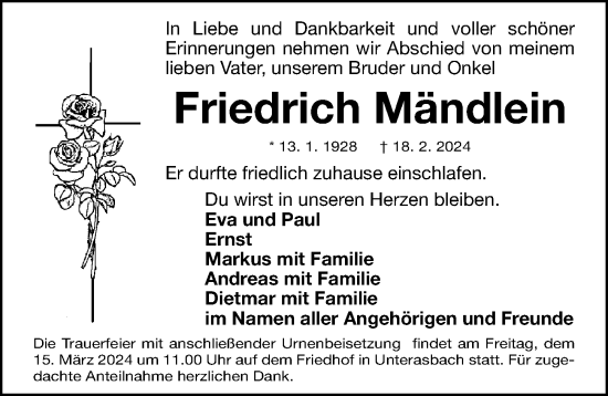 Traueranzeige von Friedrich Mändlein von Fürther Nachrichten Lokal