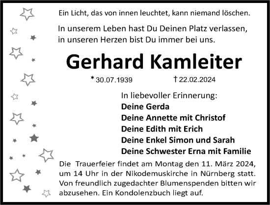 Traueranzeige von Gerhard Kamleiter von Gesamtausgabe Nürnberger Nachrichten/ Nürnberger Ztg.