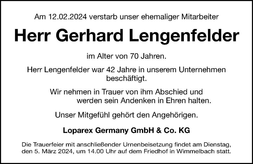  Traueranzeige für Gerhard Lengenfelder vom 05.03.2024 aus Nordbayerische Nachrichten Forchheim Lokal
