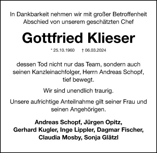 Traueranzeige von Gottfried Klieser von Gesamtausgabe Nürnberger Nachrichten/ Nürnberger Ztg.