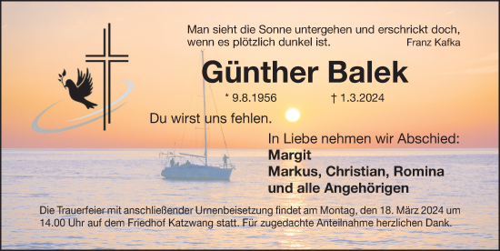 Traueranzeige von Günther Balek von Gesamtausgabe Nürnberger Nachrichten/ Nürnberger Ztg./ Schwabach