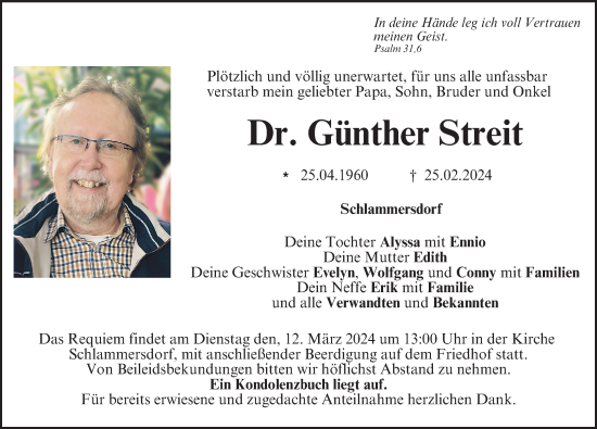 Traueranzeige von Günther Streit von Fürther Nachrichten Lokal