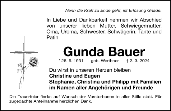 Traueranzeige von Gunda Bauer von Fürther Nachrichten Lokal