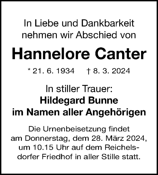 Traueranzeige von Hannelore Canter von Gesamtausgabe Nürnberger Nachrichten/ Nürnberger Ztg.