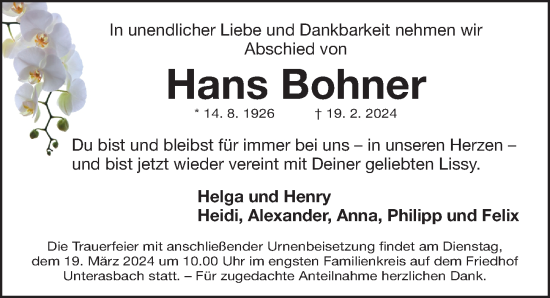 Traueranzeige von Hans Bohner von Fürther Nachrichten Lokal