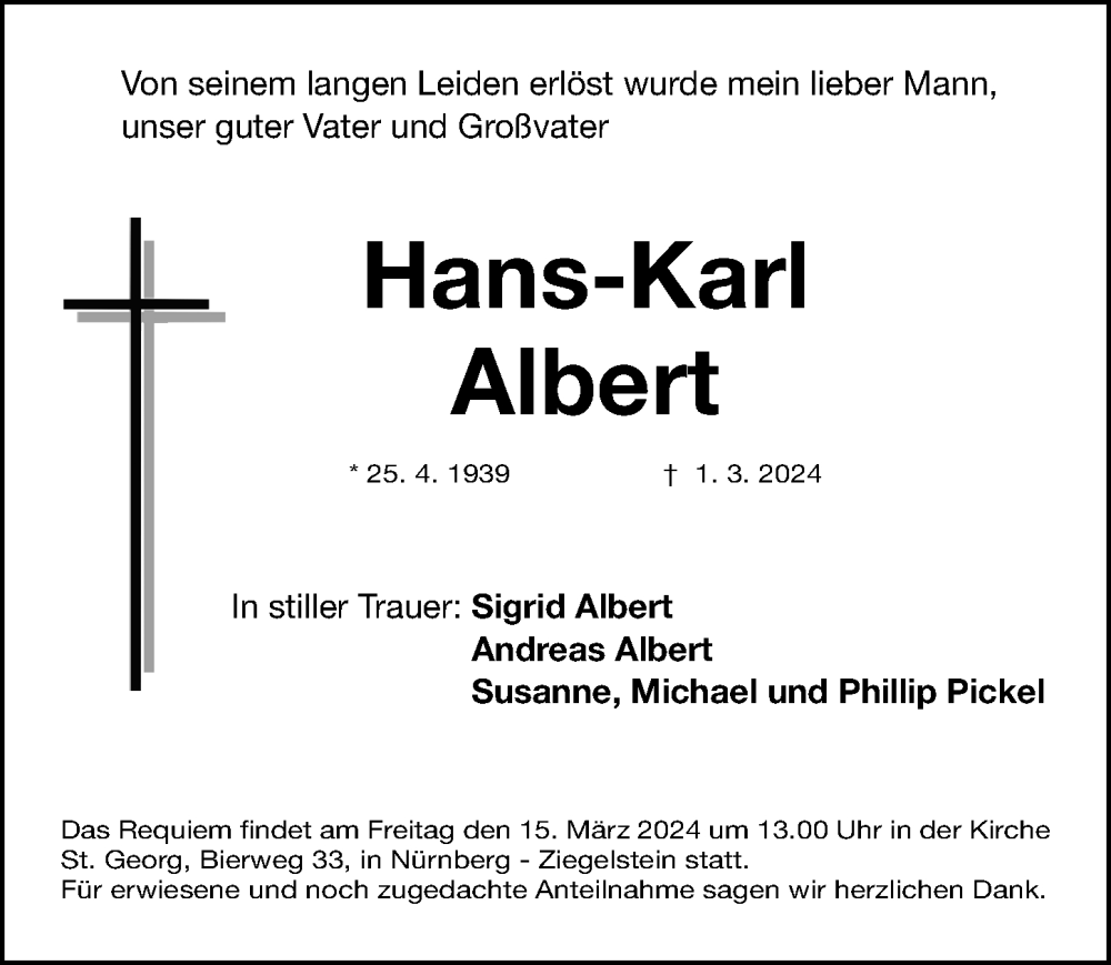 Traueranzeigen von Hans-Karl Albert | trauer.nn.de