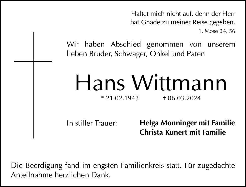 Traueranzeigen von Hans Wittmann | trauer.nn.de