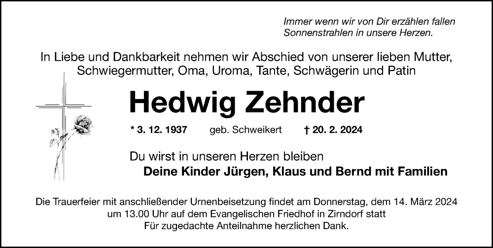  Traueranzeige für Hedwig Zehnder vom 09.03.2024 aus Fürther Nachrichten Lokal