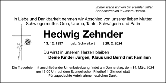 Traueranzeige von Hedwig Zehnder von Fürther Nachrichten Lokal