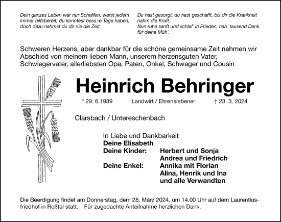 Traueranzeige von Heinrich Behringer von Fürther Nachrichten Lokal