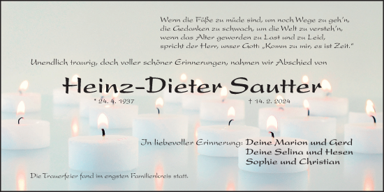 Traueranzeige von Heinz-Dieter Sautter von Gesamtausgabe Nürnberger Nachrichten/ Nürnberger Ztg.