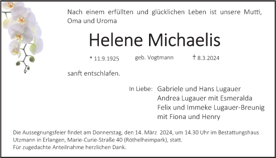 Traueranzeige von Helene Michaelis von Gesamtausgabe Nürnberger Nachrichten/ Nürnberger Ztg.